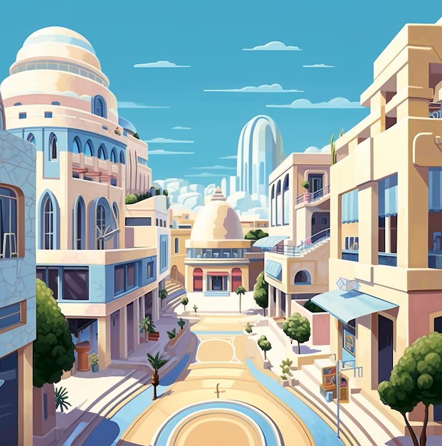 futuristic town center architecturally