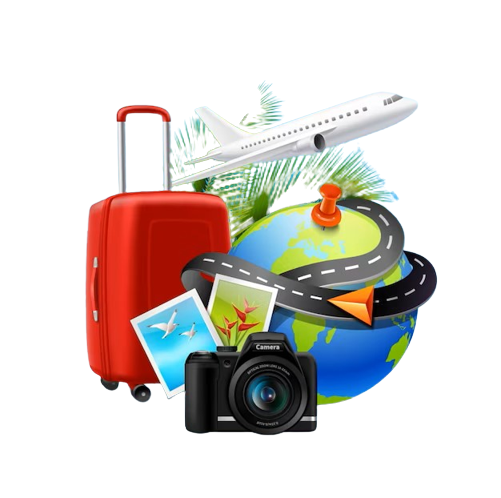 vacation holidays background with realistic globe suitcase photo camera