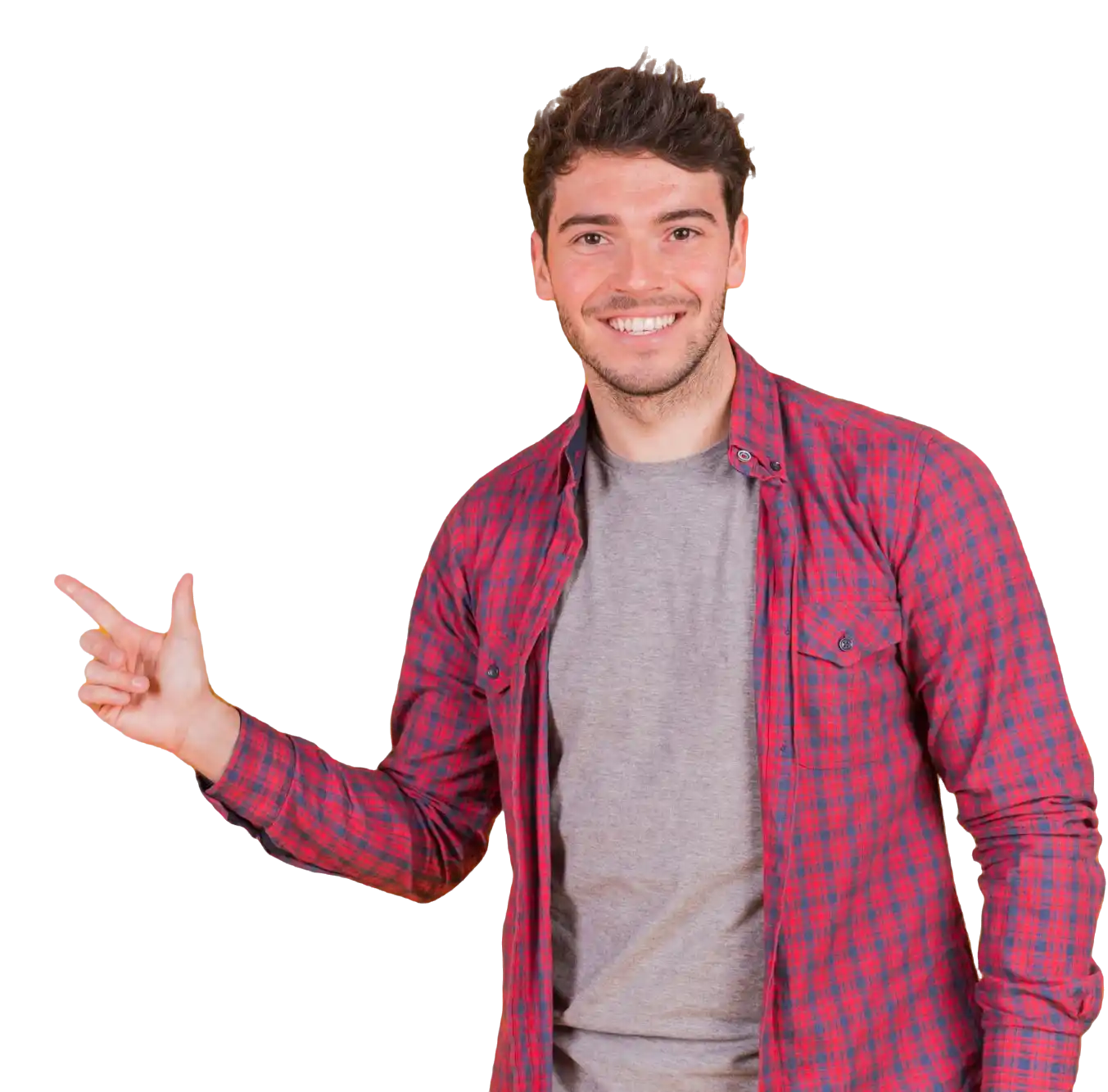 portrait smiling young man pointing his finger orange background